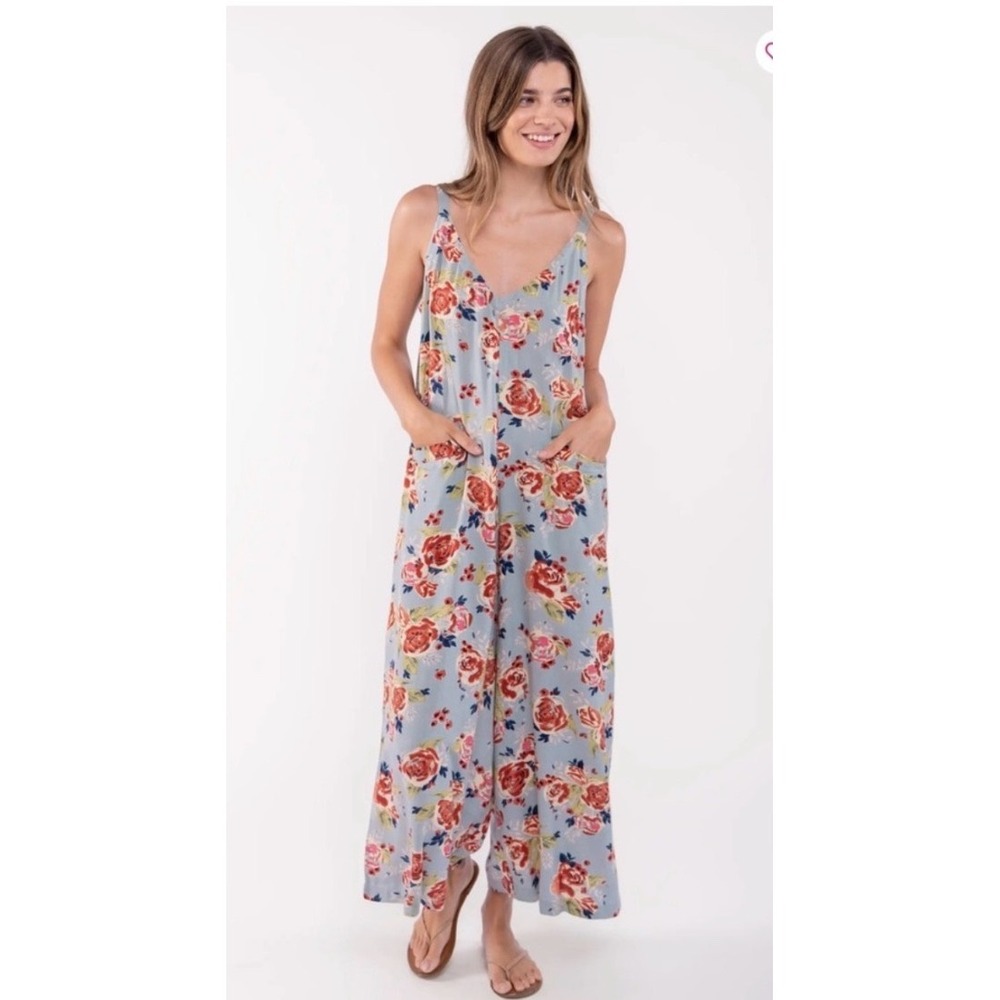 NATURAL LIFE Blue Floral Wide-Leg Jumpsuit with Pockets